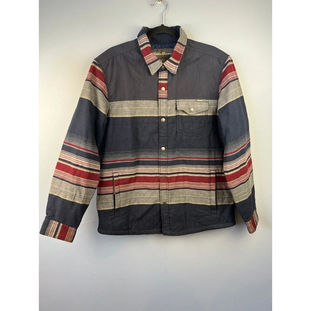 Eddie Bauer Blue‎ Striped Flannel Shirt Jacket Mens SZ L Heavyweight Shacket